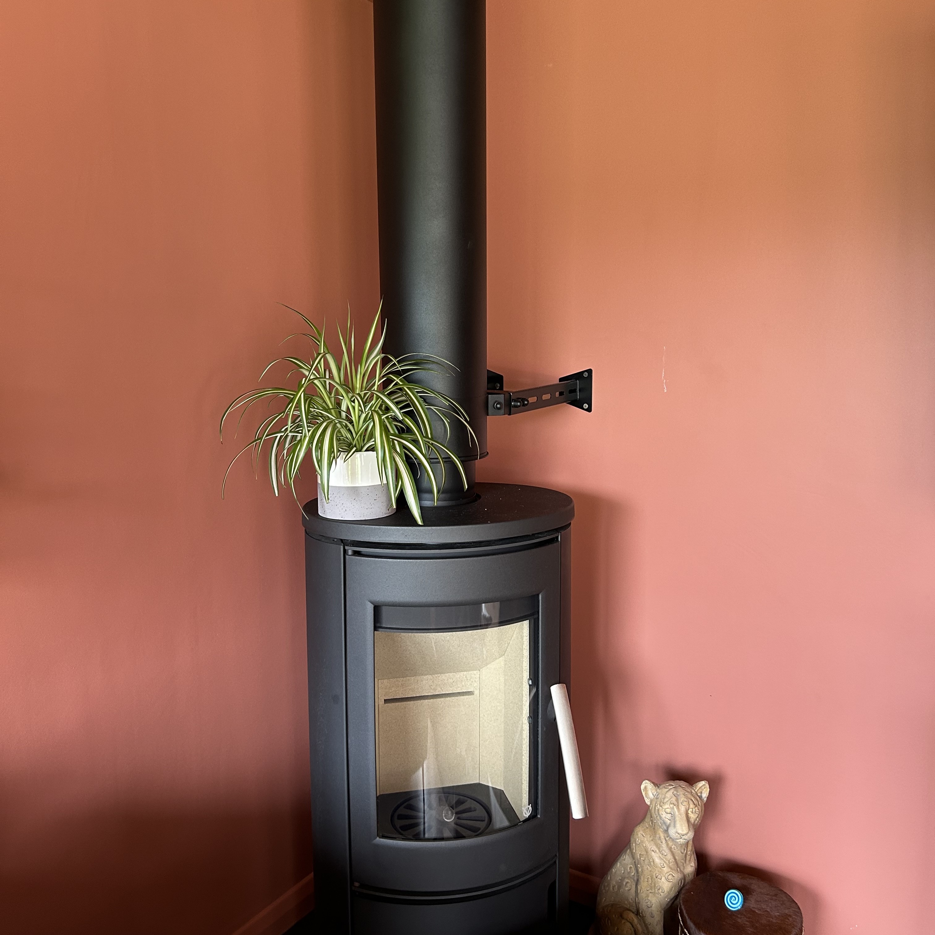 Close-up of a modern black wood-burning stove against warm terracotta walls, adorned with a potted plant on top, adding a touch of greenery to the cosy setting.