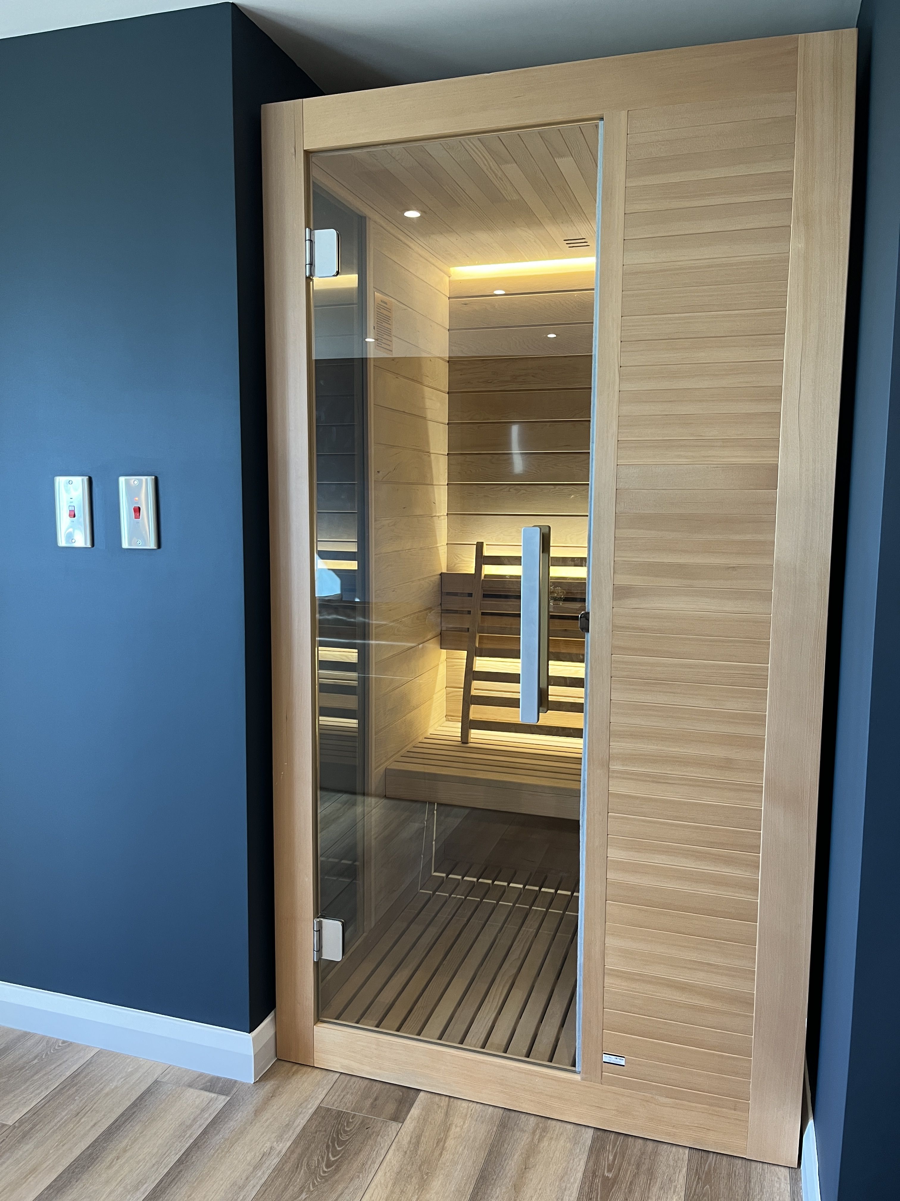 Close-up of a modern black wood-burning stove against warm terracotta walls, adorned with a potted plant on top, adding a touch of greenery to the cosy setting.